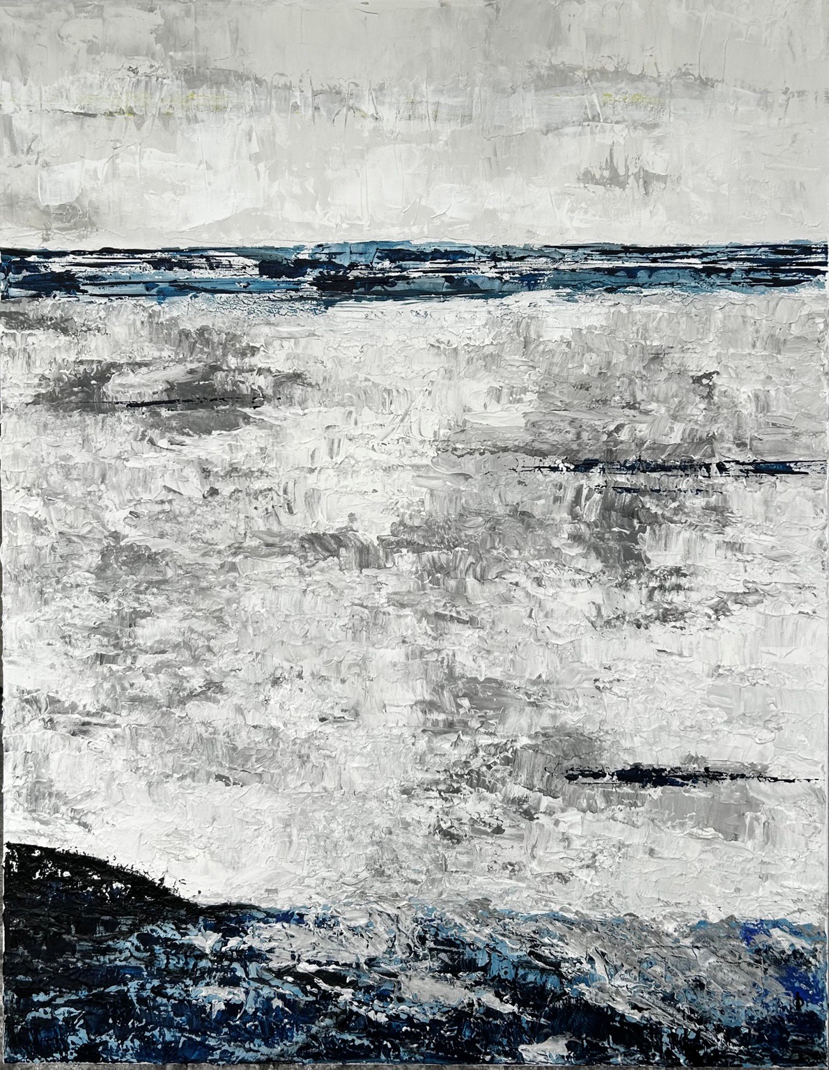 Modern abstract acrylic painting with texture.
Nordic light, west coast winds, and a sea foaming over the rocks. The work seeks to move the viewer through vibrations of energy and movement.