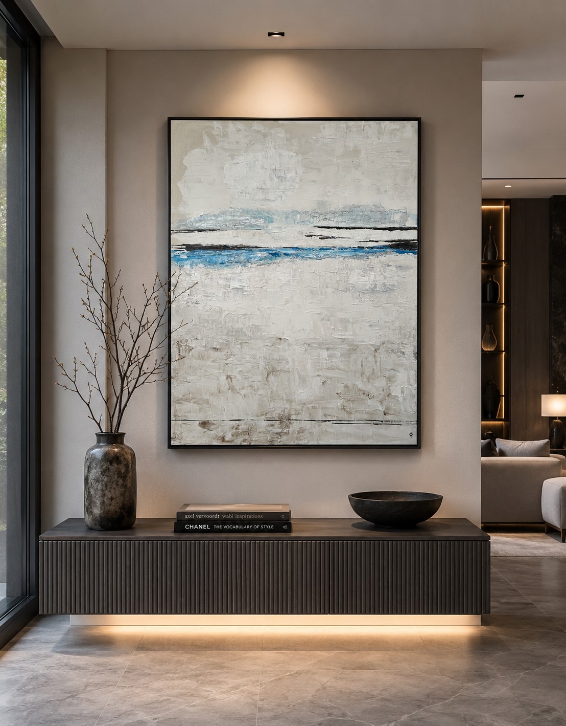 Mist by Marina Englund Art Gothenburg. Original contemporary abstract painting in cool, atmospheric tones. Nordic minimalist wall art with deep, sculptural textures inspired by coastal fog and soft light. Elegant floating frame included.