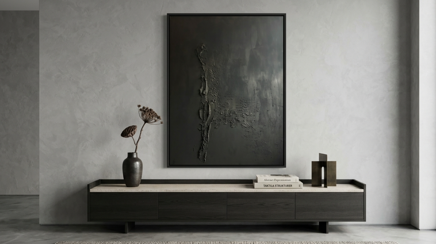 The Trench, original painting with tactile structure in black. Collection Ocean Crust by Marina Enlund Art Gothenburg.