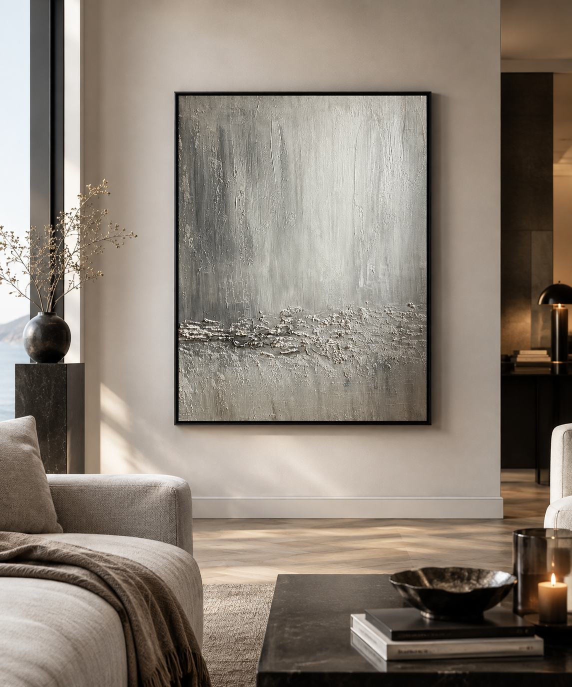 Nacre, original painting with tactile structure in grey and white. Collection Nordic Coast by Marina Englund Art Gothenburg.