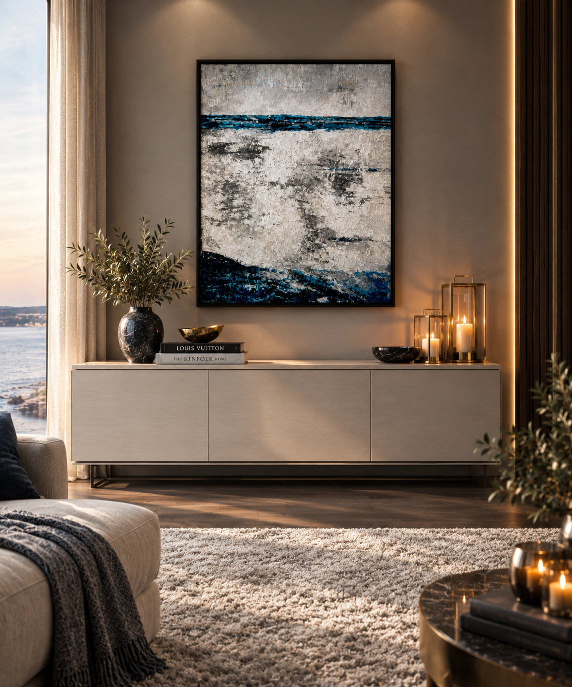 Pulse by Marina Englund Art Gothenburg. Original contemporary abstract painting with deep, sculptural texture. Minimalist wall art featuring organic structural layers that evoke a sense of rhythm and life. Elegant floating frame included.