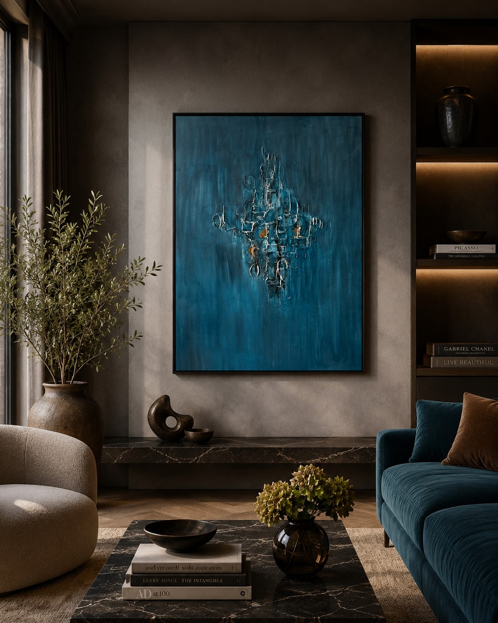 Ocean Secret, uniqiue, handmade original painting with tactile structure in blue. Collection Ocean Crust by Marina Englund Art Gothenburg.