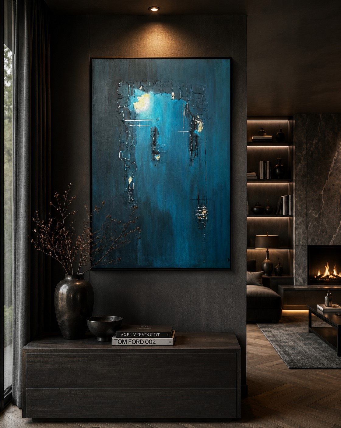 Ocean Haven, unik handgjord originalmålning med taktil struktur i blåa nyanser och bladguld. Kollektion Ocean Crust av Marina Englund Art Göteborg.