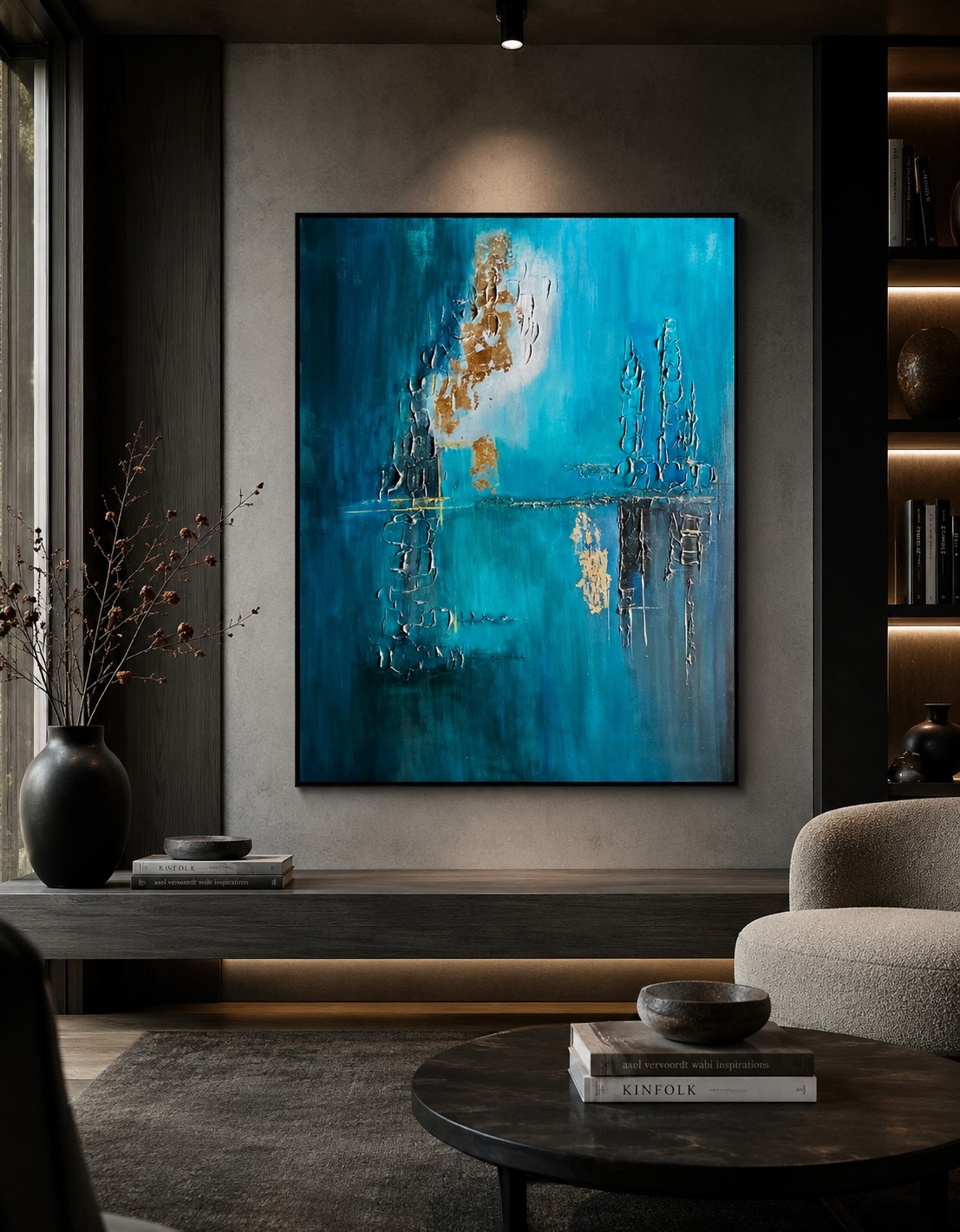 Originalmålning till salu. Ocean Reef av Marina Englund Art Göteborg. Taktil abstrakt målning med struktur inspirerad av havets djup. Abstrakt originalmålning (70x90 cm) i blandteknik med skulpturala, organiska lager. Elegant svart svävarram ingår.