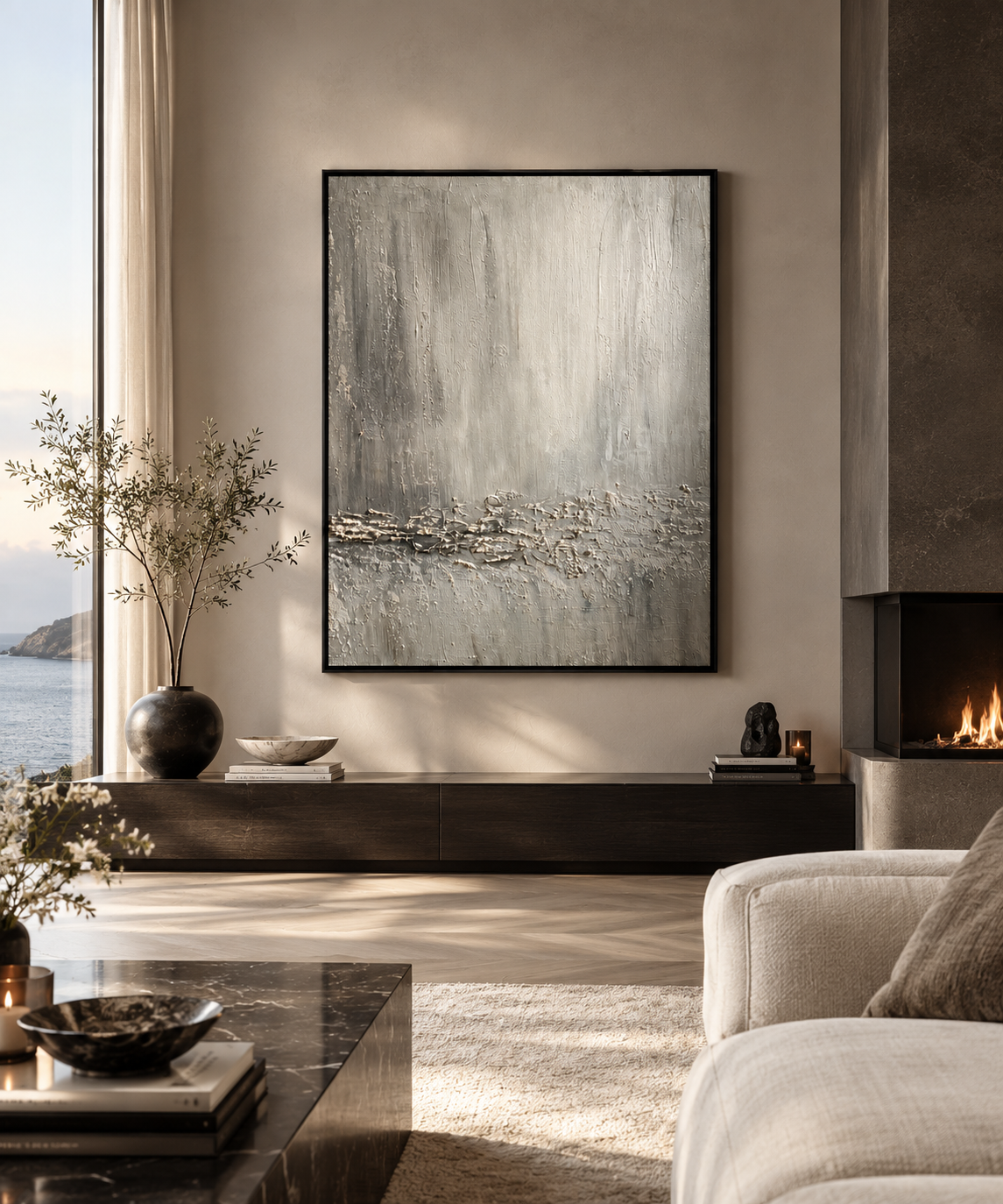 Till salu originalmålning Nacre, unik originalmålning med taktil struktur i ljus grå vit nyans. Kollektion Nordic Coast av Marina Englund Art Göteborg