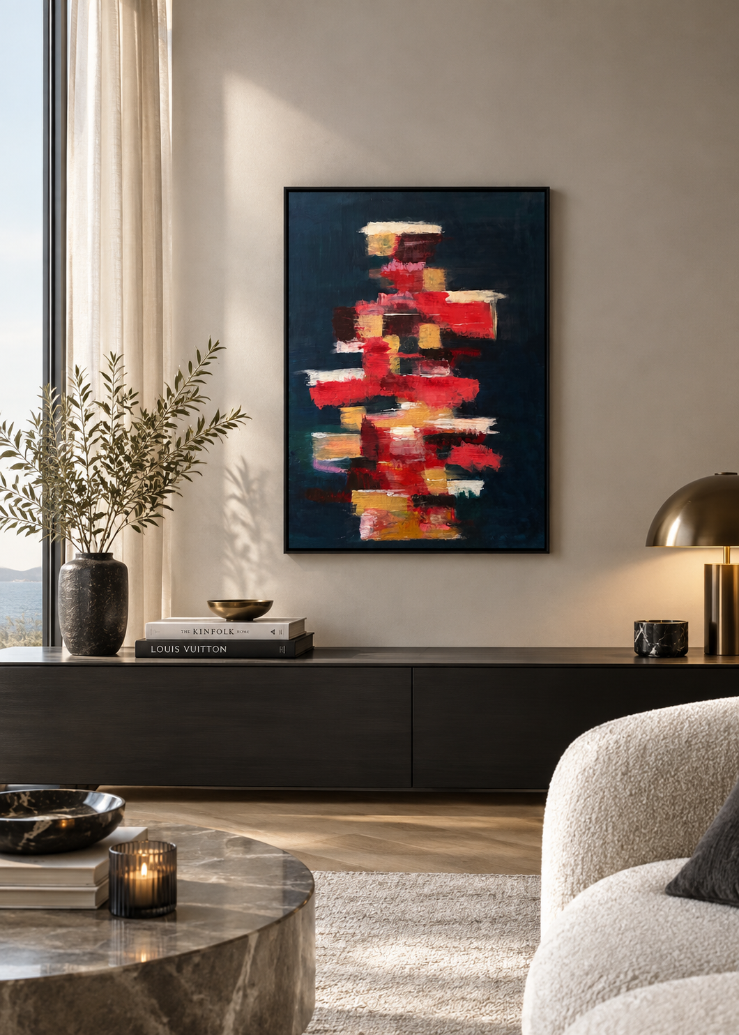 Abstrakt tavla till salu. Blå botten med inslag av rött, rosa och gult. Modern äkta handgjord konst. Marina Englund Art Göteborg.