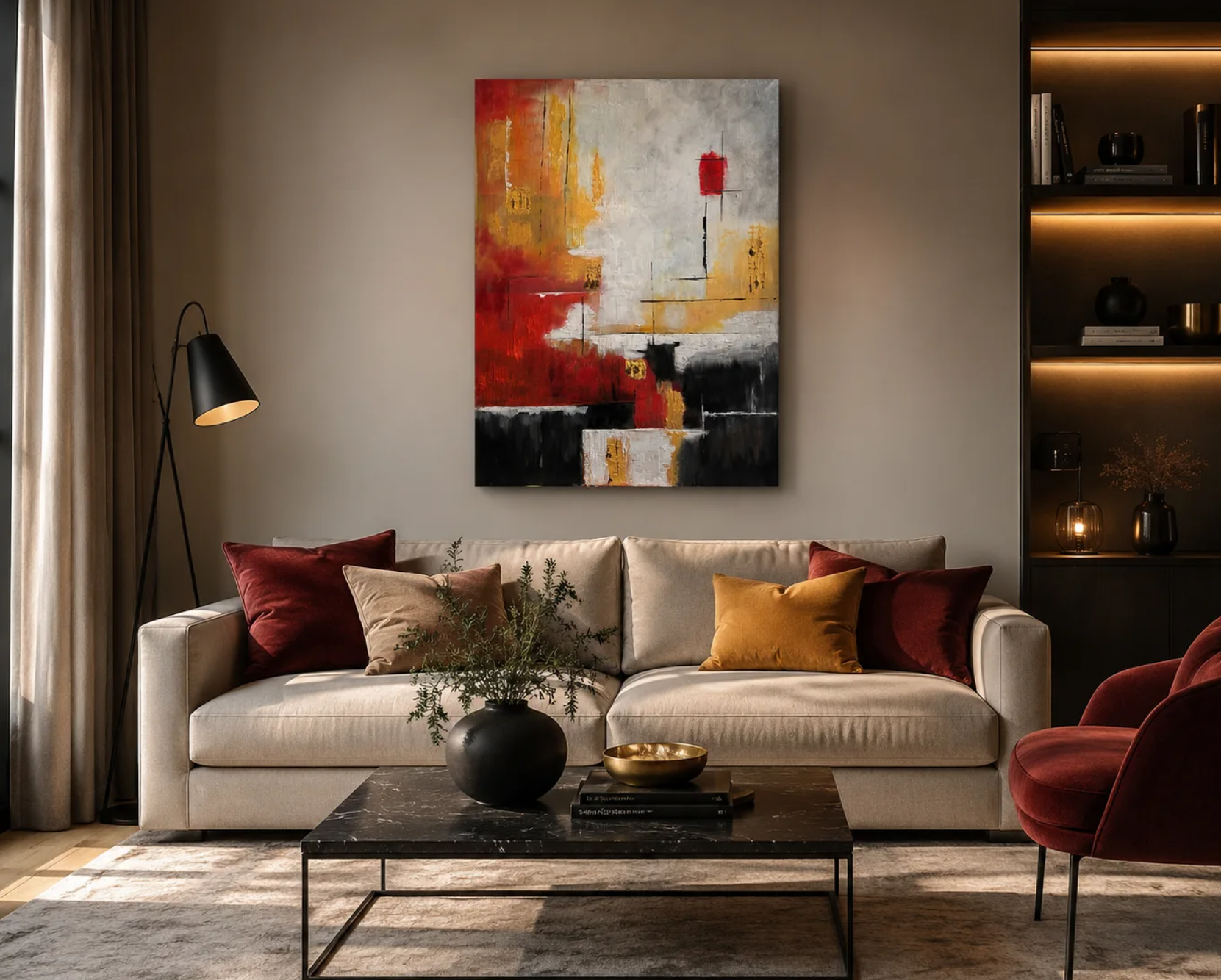 Köp modern abstrakt med struktur. Passion of Light av Marina Englund Art Göteborg. Ljus botten, gul, röd, svart på uppspand svävarram.